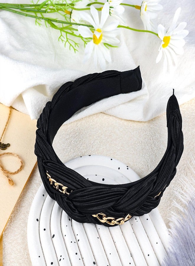 PLwelth Black Headband for Women Girls Gold Chain Padded Headband Non Slip Soft Hairbands Cute Makeup Braided Wide Hairband for Thin Thick Long Short Curly Aesthetic Hair Party Accessories - Image 2